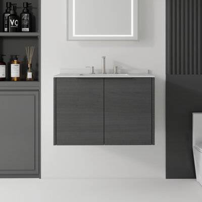 Meuble-lavabo suspendu de 76 cm (30 po) en contreplaqué avec lavabo en céramique, 2 portes à fermeture amortie, comptoir et dosseret en marbre reconstitué blanc granit de 1,5 cm (0,6 po), gris
