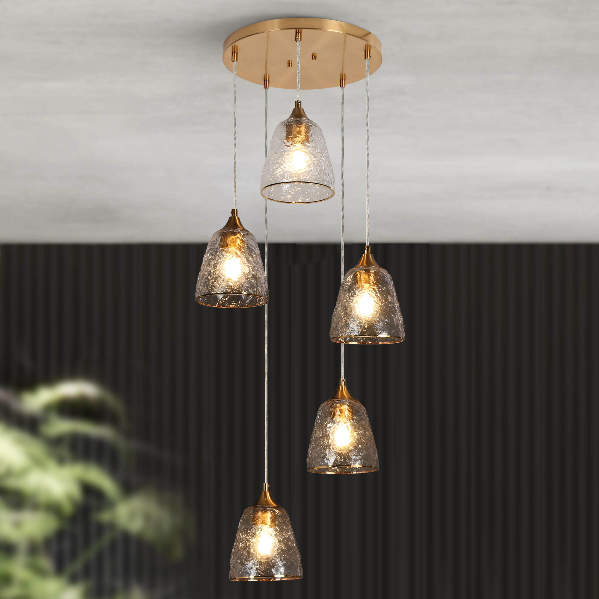 Gallery Detail: Beachcrest Home Amedeo 5 Light Cluster Glam Bell Textured Glass