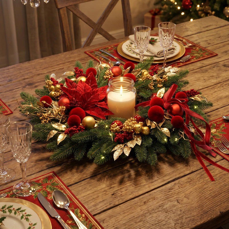 Couronne de Noël pré-illuminée de 61 cm de diamètre avec ornements rouges et dorés