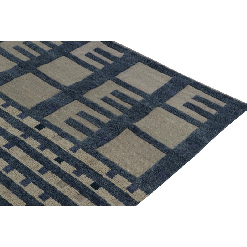 Rug & Kilim’S Swedish Rug In Blue & Grey High-Low Geometric Patterns, Rectangle 10' x 14'