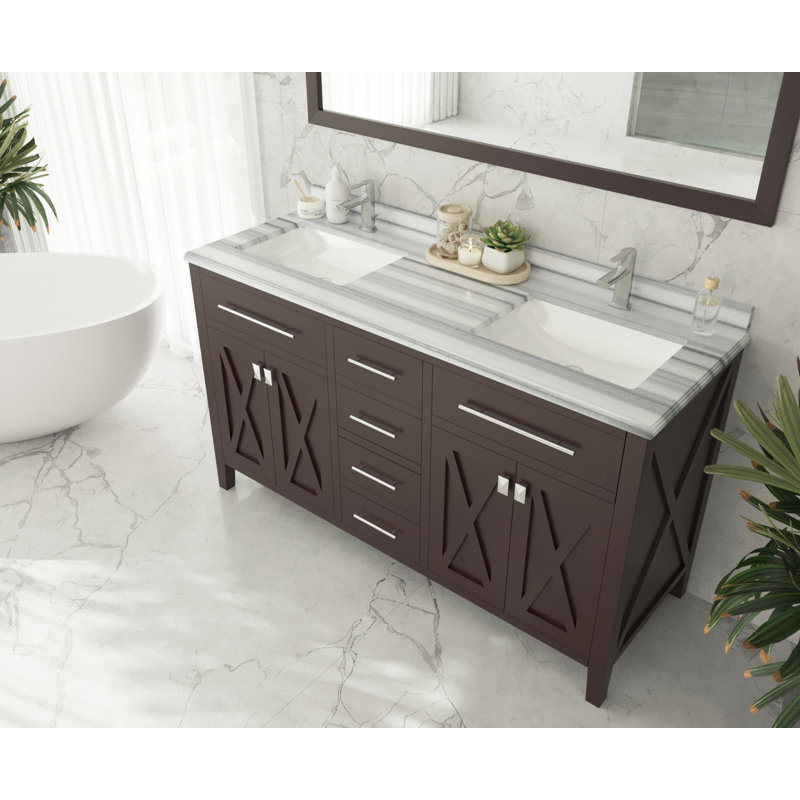 Vitiello 60'' Double Bathroom Vanity with Marble Top, Brown, White Stripes