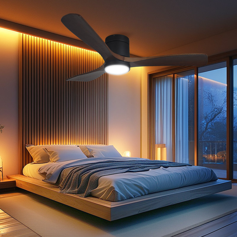 Ventilateur de plafond moderne à 3 pales de 52 po avec lumière DEL et télécommande avec pales en bois massif à 3 vitesses 6 couleurs