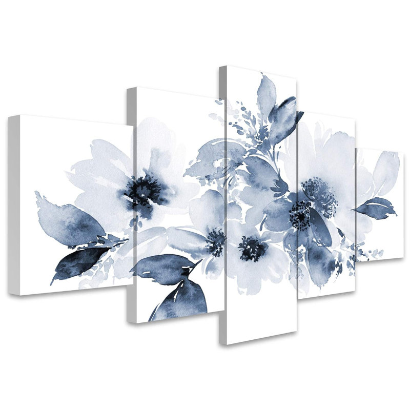 Minimal botanique français fleurs bleues aquarelles plantes abstraites 5 pièces