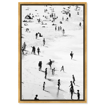 Realistic Grayscale Surfing Beach Photography Contemporary - Framed Canvas Graphic Art for Living Room