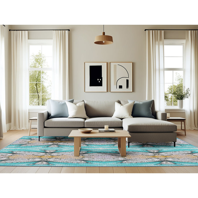 Tapis géométrique bleu / beige, Rectangle 6 pi x 9 pi