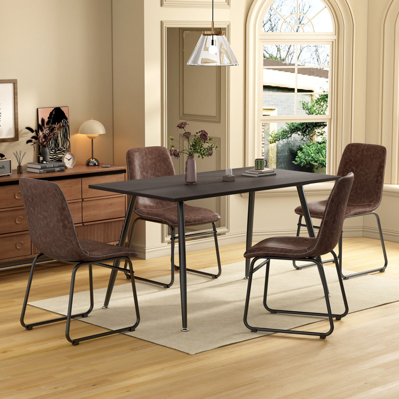 Ensemble de salle à manger 5 pièces avec plateau rectangulaire en bois et 4 chaises d'appoint rembourrées, Noir, Beige