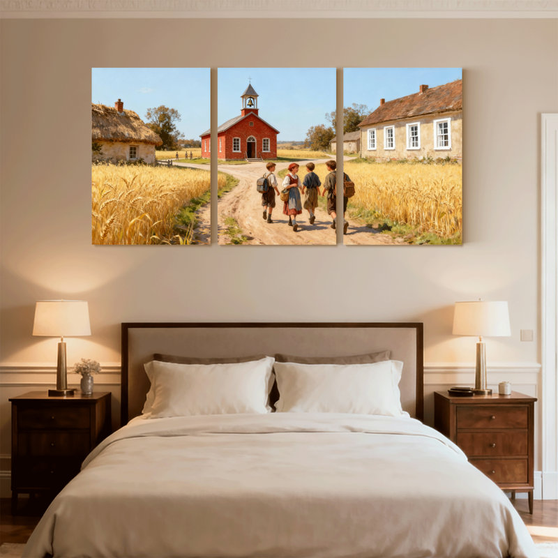 Scénario et paysages urbains, écoliers de campagne, chemin de blé, ensemble de 3 impressions murales sur toile