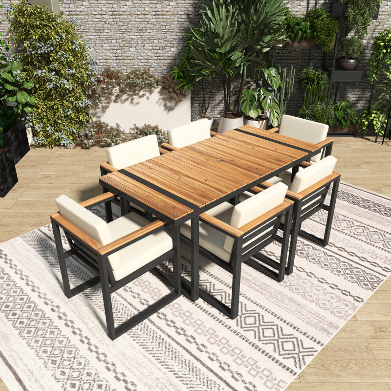 Ensemble repas d'extérieur rectangulaire 7 pièces avec coussins amovibles 7 pièces, Beige