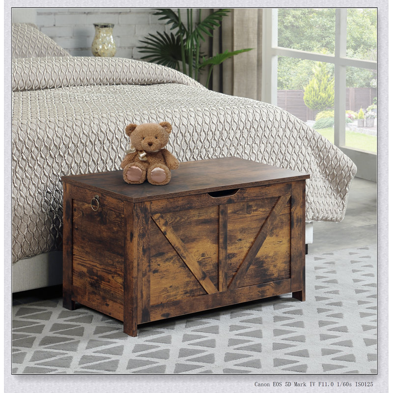 Banc de rangement pour jouets rétro et banc de rangement pour hall d'entrée avec 2 charnières, assemblage facile, finition brun rustique