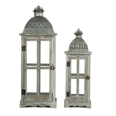 Ensemble de 2 lanternes décoratives en bois et verre gris