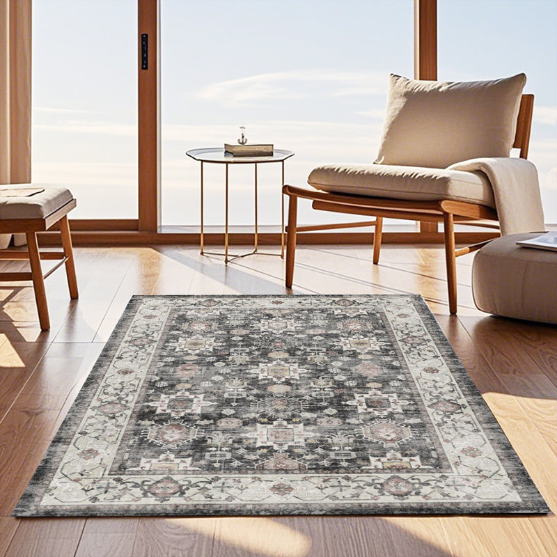 Vintage Area Rug, Bohemian Indoor Outdoor Carpet with Retro Floral Pattern, Durable Washable Rug for Living Room, Bedroom, Patio, Farmhouse