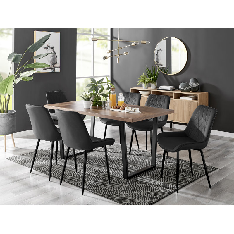 White High Gloss Rectangular 6 Seat Dining Table Set with Luxury Velvet Dining Chairs, Brown, Black