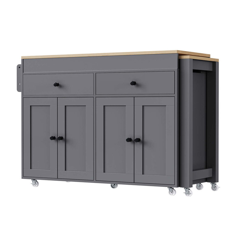 Kitchen Island With Extendable Dining Table , Rolling Kitchen Island On Wheels With Spice Rack And 2 Drawers,  Kitchen Storage Cart With 4 Door Cabinet, For Kitchen, Dining Room