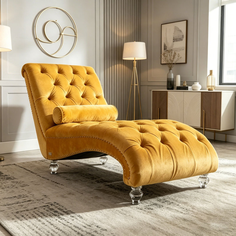 Méridienne en velours pour l'intérieur, capitonnée à boutons, Velours moutarde