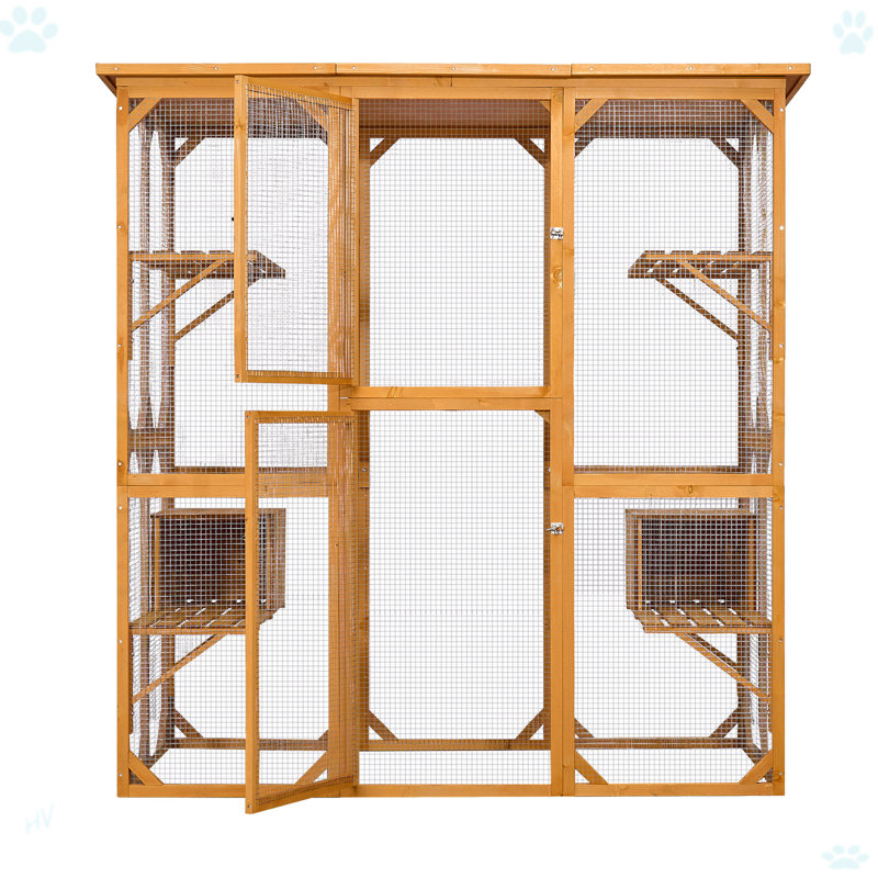 Grande cage à chat en bois avec 3 plateformes de saut et 2 maisons pour faire la sieste, Jaune