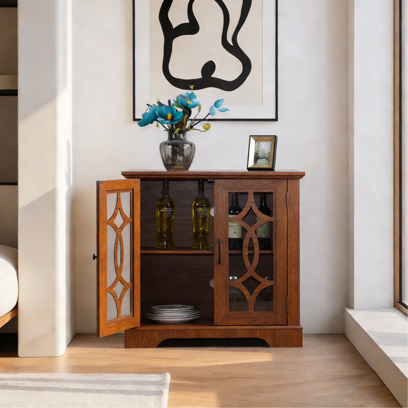 Spacious Dining Sideboard, 2 Clear Tempered Glass Doors, 3 - Height Adjustable Shelf, Material, Dark Oak Finish 33.76"W X 15.69"D 33.54H Sideboard With Modern Functional Design, Door, Interior For