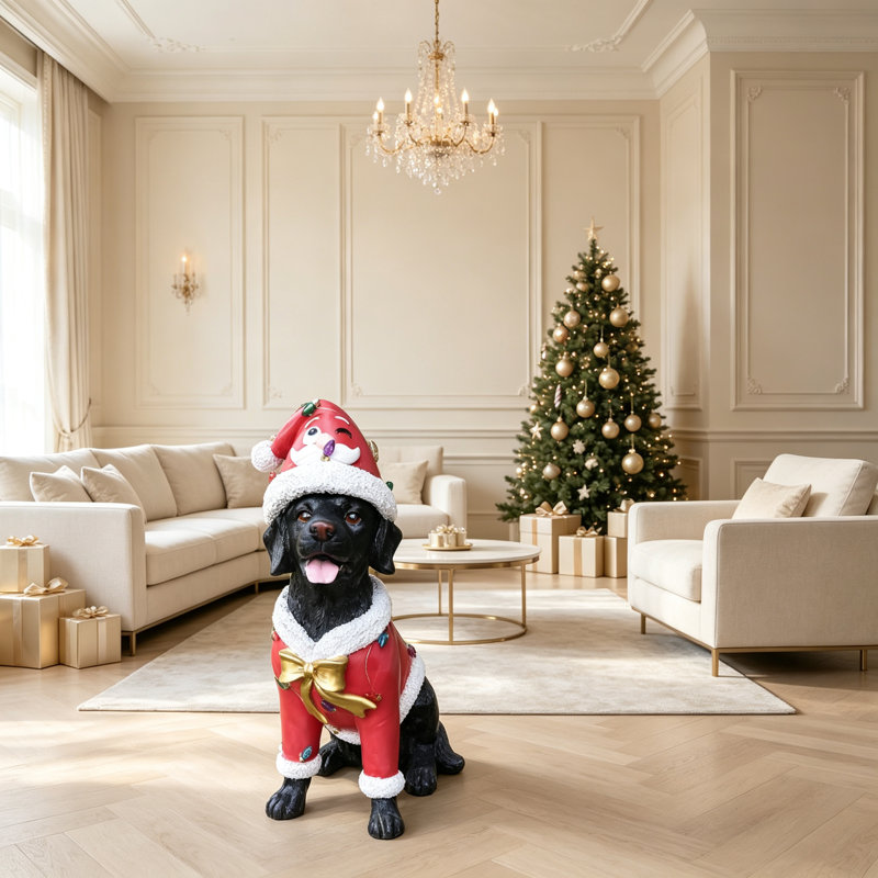 Statue festive de Noël Labrador Retriever noir en tenue de père Noël, parfaite pour les décorations des Fêtes et les étalages joyeux