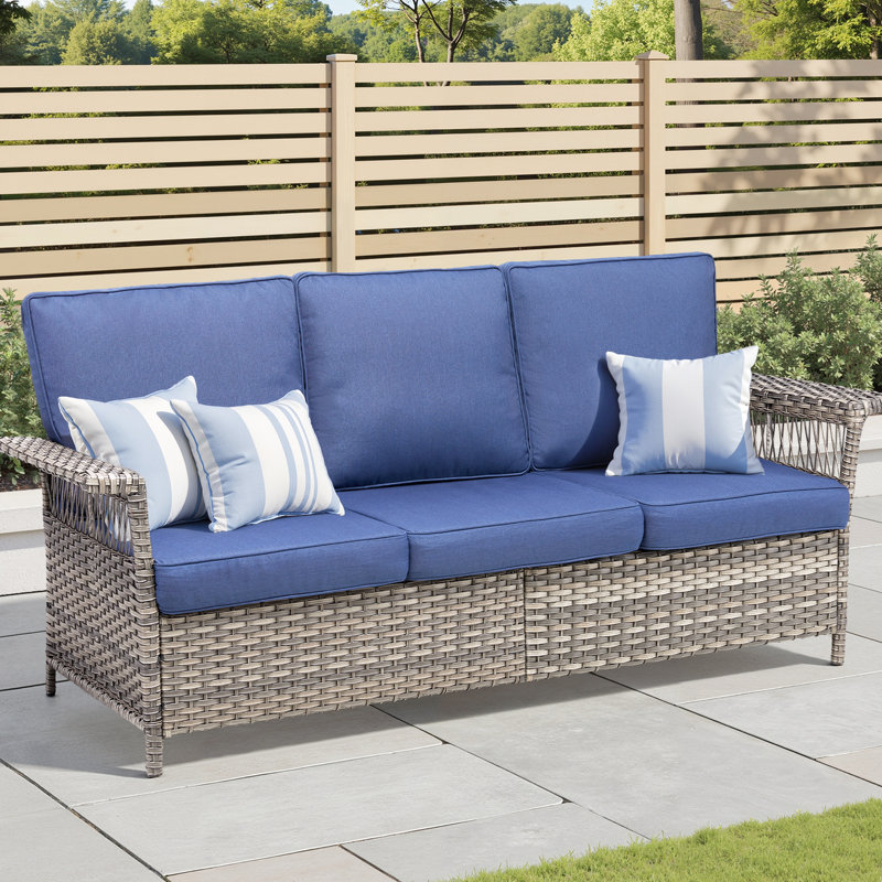 Canapé d'extérieur, 76,7 po de largeur, housses de coussin bleues, sièges confortables, résistance aux intempéries