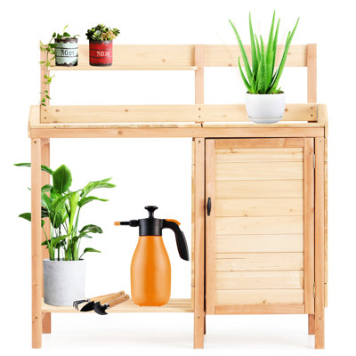 Table de rempotage d'extérieur multifonctionnelle avec évier, poste de travail de jardin pour la gestion des fournitures de jardinage, plateau de table coulissant, plateau amovible, armoire, tablette, crochets, pelouse de patio en bois naturel