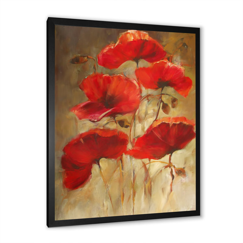 «Red Blossoming Poppies II», œuvre d'art traditionnelle sur toile, Cadre photo noir, H 20 po x l 12 po x P 1 po