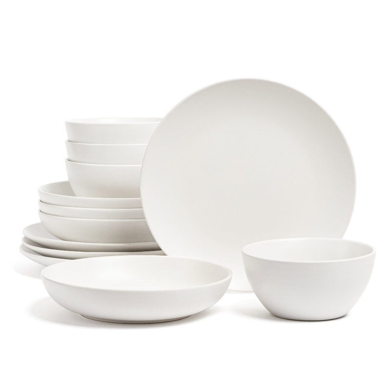 over&back Coupe 12-Piece Semi Hand-Finished Stoneware Dinnerware Set, White