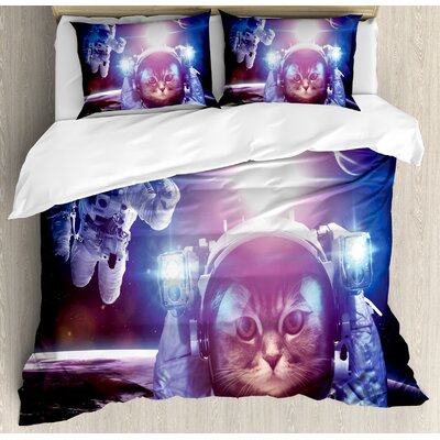 Space Cat Astronauts in Nebula Galaxy with Eclipse in Saturn Planets Duvet Cover Set -  Ambesonne, nev_33513_queen