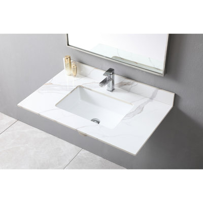 Plateau de meuble-lavabo de 37 po en pierre frittée dorée, avec lavabo rectangulaire en céramique et trou pour robinet - texture de pierre de 37 po de haute apparence, sélection élégante