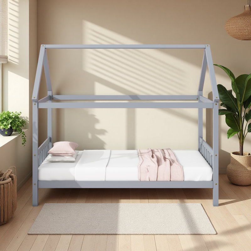Twin House Bed With Headboard And Footboard, Light Gray