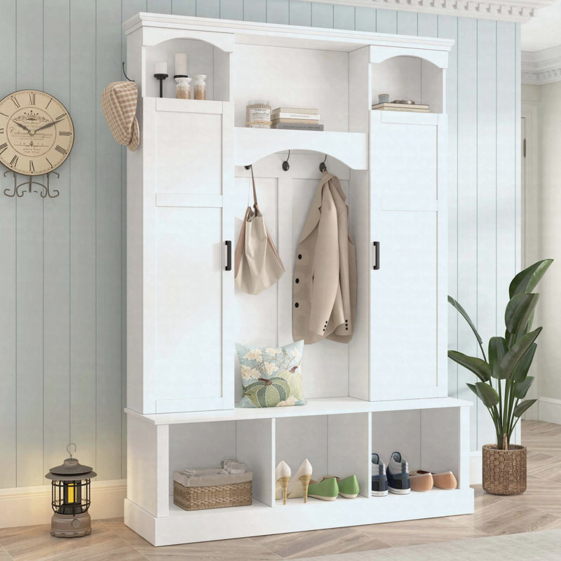 Arbre d'entrée Modern Farmhouse avec tablettes réglables, armoires latérales et 7 crochets, blanc, Blanc