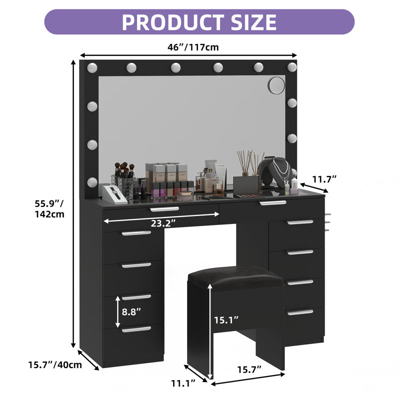 Makeup Vanity With 10 Drawers, Black