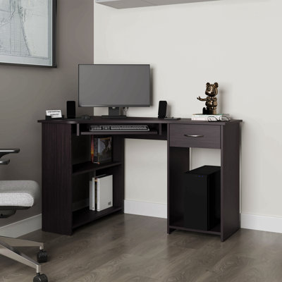 Bureau d'angle en coin, bureau en L avec tiroir, tablettes et espace pour unité centrale