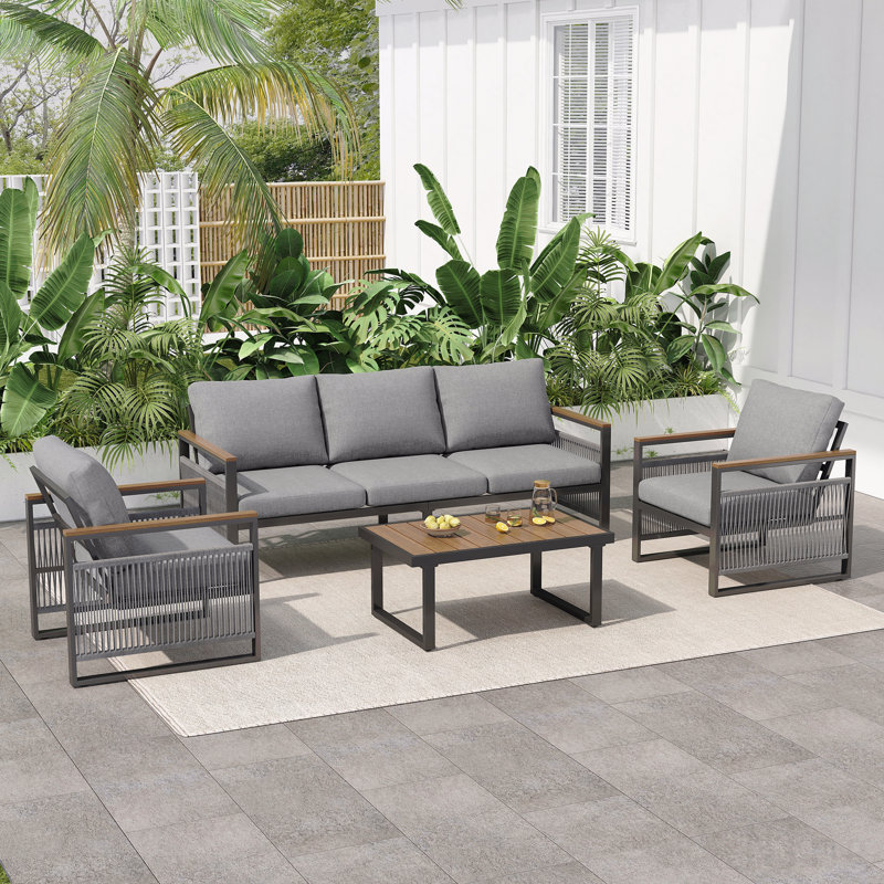 4-Pieces Outdoor Metal Patio Furniture Set, 5-Seat Patio Furniture Sofa Set with Cushion, Modern Outdoor Furniture Deep Seating for Porch, Garden