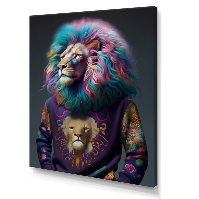 Lion frais avec un chandail flamboyant, H 32 po x l 24 po x P 1 po, Toile tendue