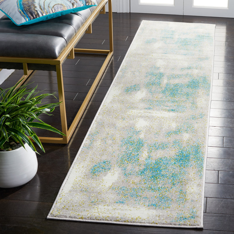 Tapis gris / vert abstrait Mirazo, Tapis de couloir de 2 pi x 8 pi