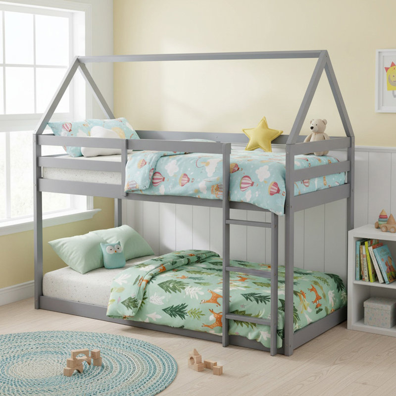 Solid Wood Twin over Twin Floor Bunk Bed with Ladder, House-Shaped Bunk Bed for Boys& Girls, Gray