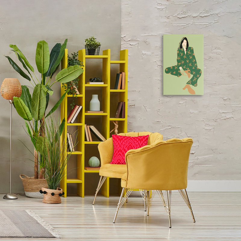 Élégante fille assise sur toile par Incado, H 24 po x l 16 po