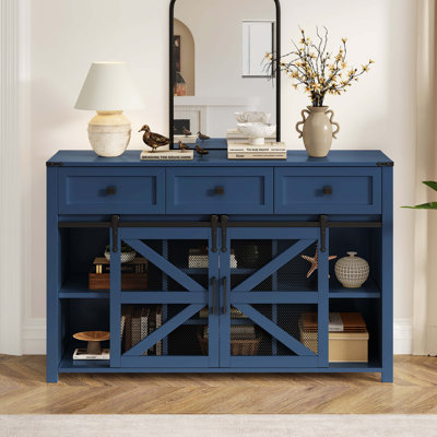 55'' Sliding Barn Door Sideboard Buffet Cabinet With 3 Drawers, Adjustable Shelves, Metal Mesh & Particleboard Doors, Aluminum Handles, Industrial Storage For Living Or Dining Room