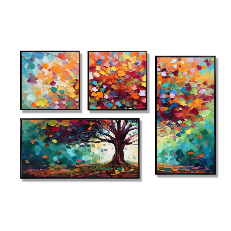 Corail, chêne, arbre à la ferme I - grands arbres, art mural sur toile 4 pièces, Noir, Impression encadrée sans passe-partout