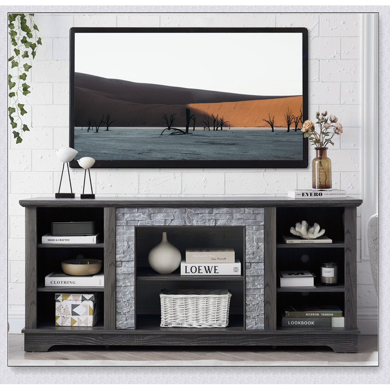 TV Media Stand with with Faux Stacked Stone Surround, Modern Entertainment Console with Open Storage Space, 58.31"W*15.39"D*26.06"H