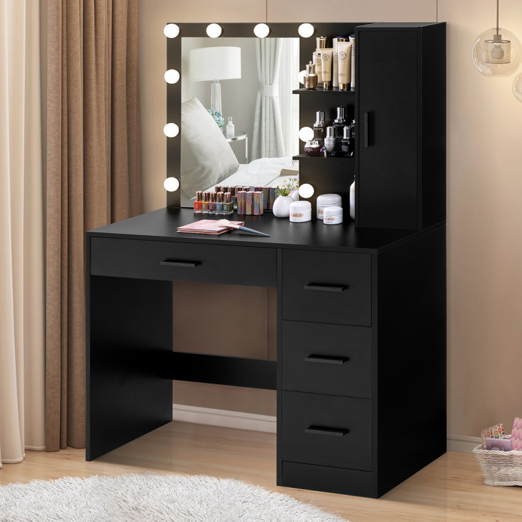 Latitude Run Makeup Vanity Table Set, Large Vanity with LED Lighted Mirror & Power Outlet, Double Sliding Door Vanity Desk, 4 Drawers & Multiple-Tier
