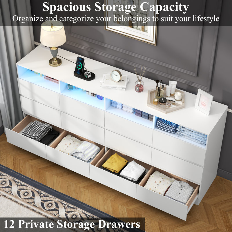 White 12-Drawer Dresser with Charging Station and LED Lights