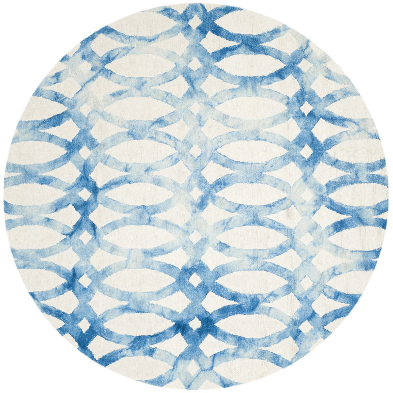 Amekia Hand Tufted Wool/Cotton Geometric Rug in Blue/Ivory, Round 5'