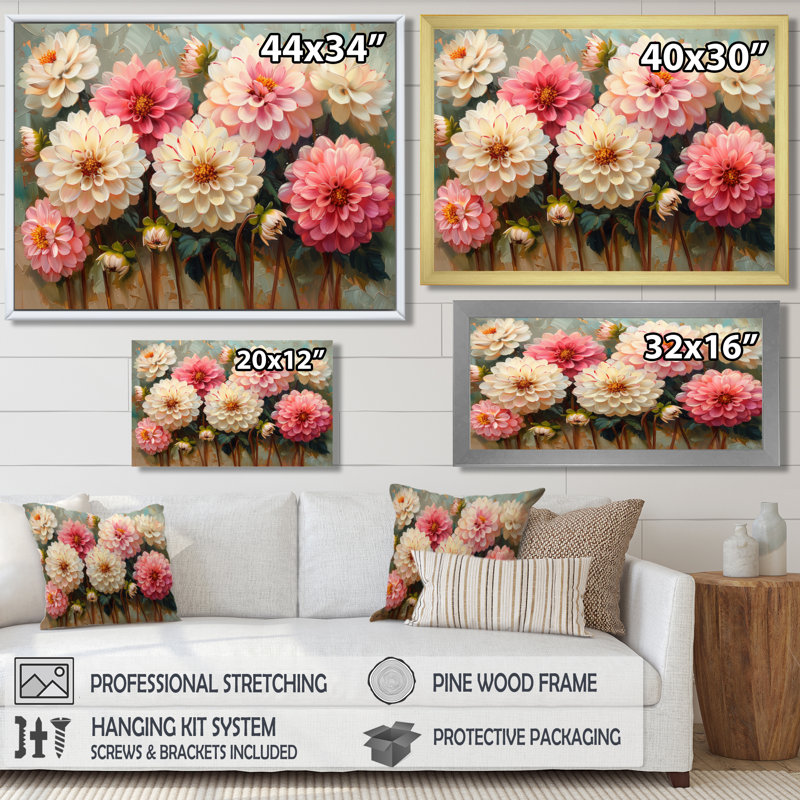 Rose et vert petits pétales Dahlia - art mural Dahlia, Encadrement argenté, 24" H x 32" W