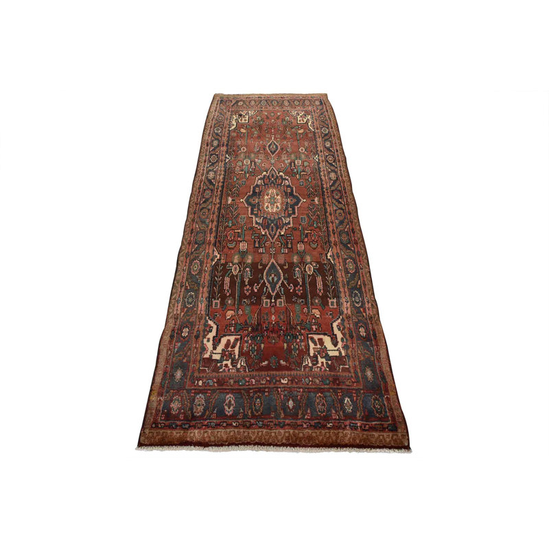Tapis rouge rétro en laine noué à la main 4 pi 1 po x 10 pi 4 po Tribal Vintage
