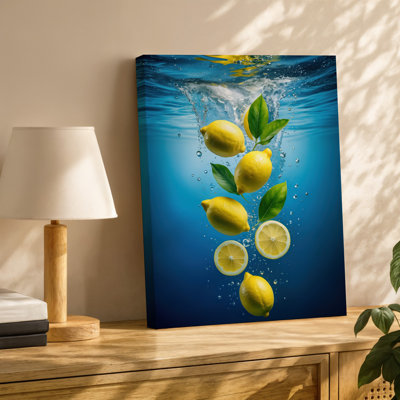 Canvas A Vibrant Underwater Scene Filled With Bright Yellow Lemons Cascading Wall Art Through Clear Blue Water Creating Splashes And Canvas Wall Art