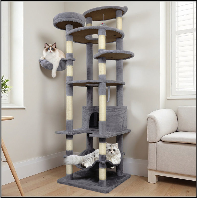Tour pour arbre à chat 78,8 po gris foncé avec base large, grand condo et plusieurs poteaux à griffer en sisal pour le divertissement félin et le confort