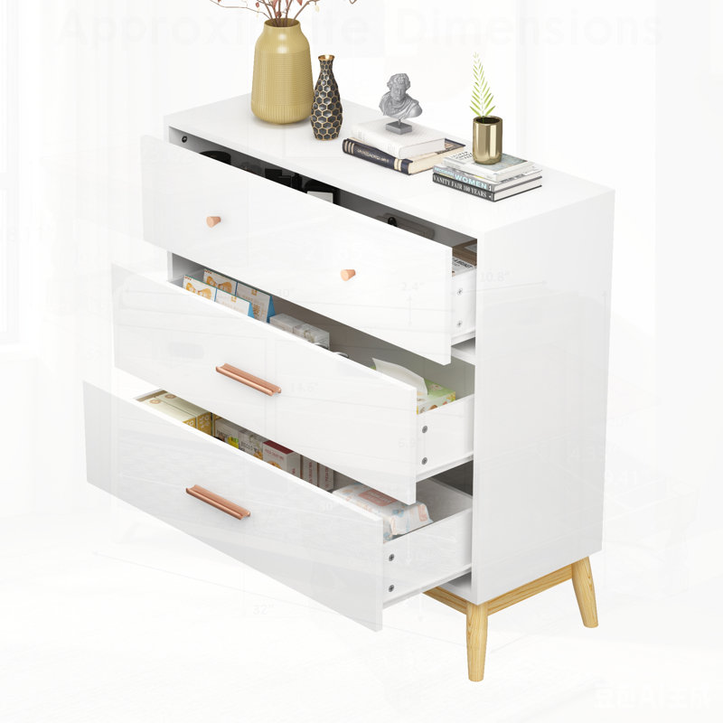 Armoire de rangement à 3 tiroirs de style nordique, commode moderne avec poignées or rose et base en bois massif, parfaite pour les petits espaces