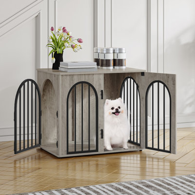 Wooden Dog Crate Furniture TV Stand, Indoor Dog Kennel for Small/Medium/Large Dogs, End Side Table Dogs Crates, Anti-Chew, Anti-Escape, Arched Door Design