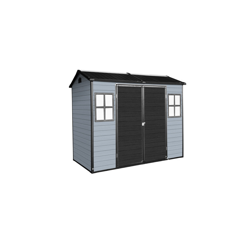 Remise extérieure en plastique 8 x 4 pi avec 2 fenêtres, porte verrouillable, pour le rangement sécuritaire des outils de jardin, vélos - gris + noir, intempéries, assemblage rapide facile