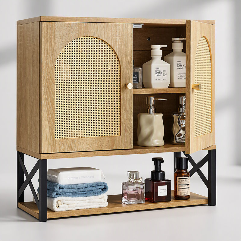Armoire murale de salle de bain à 2 portes, tablette réglable et cloison ouverte pour un rangement efficace et une utilisation optimale de l'espace.
